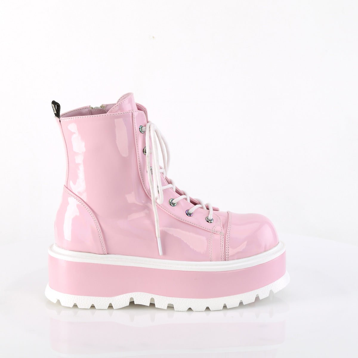 Too Fast | Demonia Slacker 55 | Baby Pink Hologram Patent Women's Ankle Boots