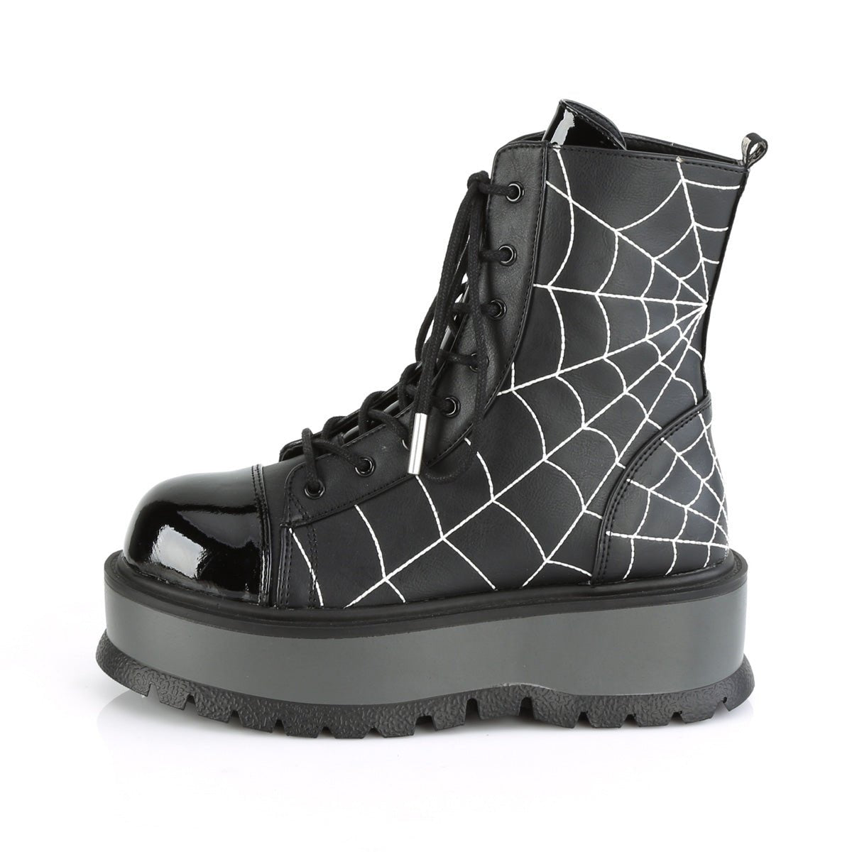Too Fast | Demonia SLACKER-88 Black Vegan Patent Leather Ankle Boots