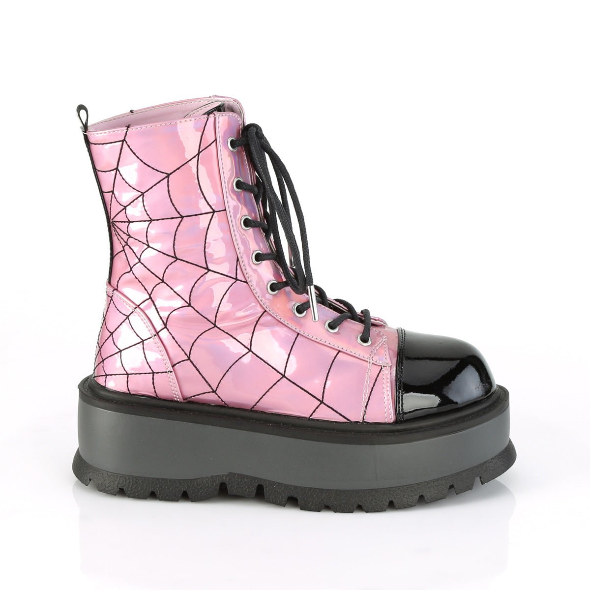 Demonia SLACKER-88 | Pink & Black Hologram & Patent Ankle Boots