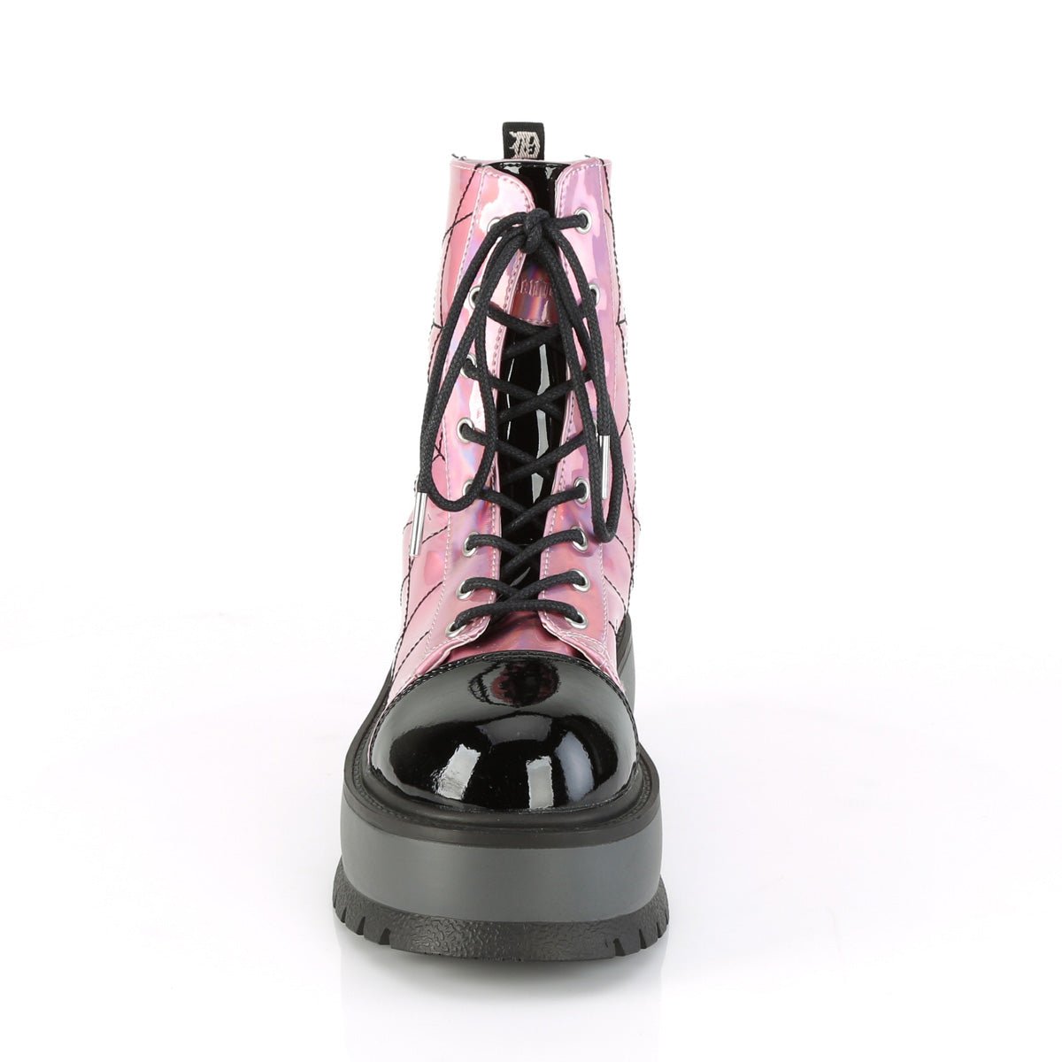 Too Fast | Demonia Slacker 88 | Pink & Black Hologram & Patent Women's Ankle Boots