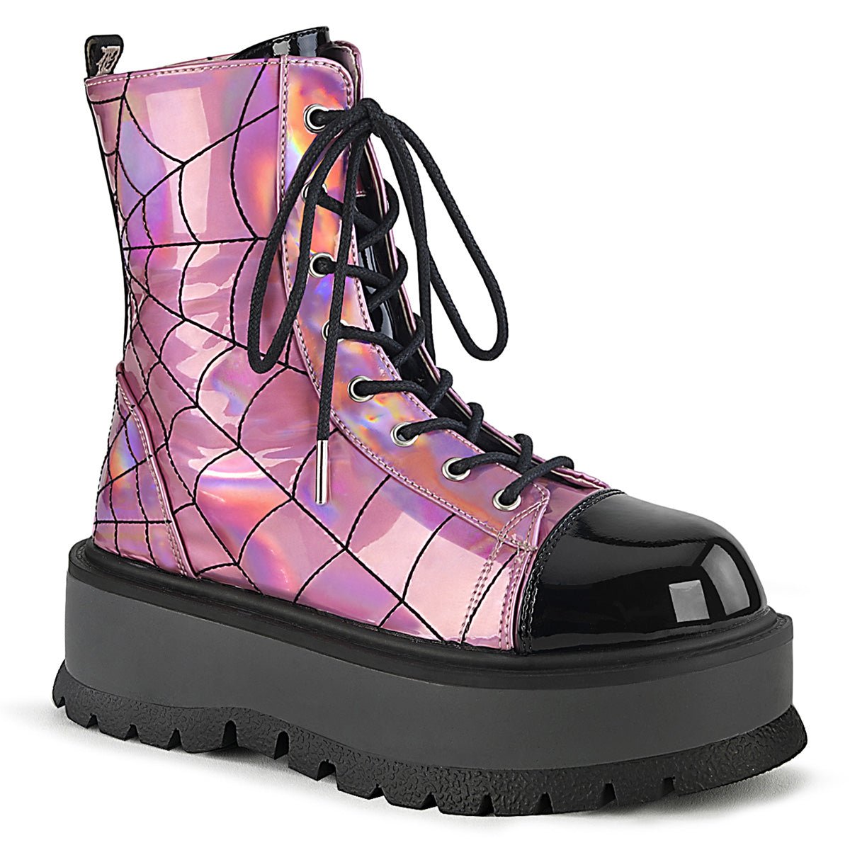 Too Fast | Demonia Slacker 88 | Pink &amp; Black Hologram &amp; Patent Women&#39;s Ankle Boots