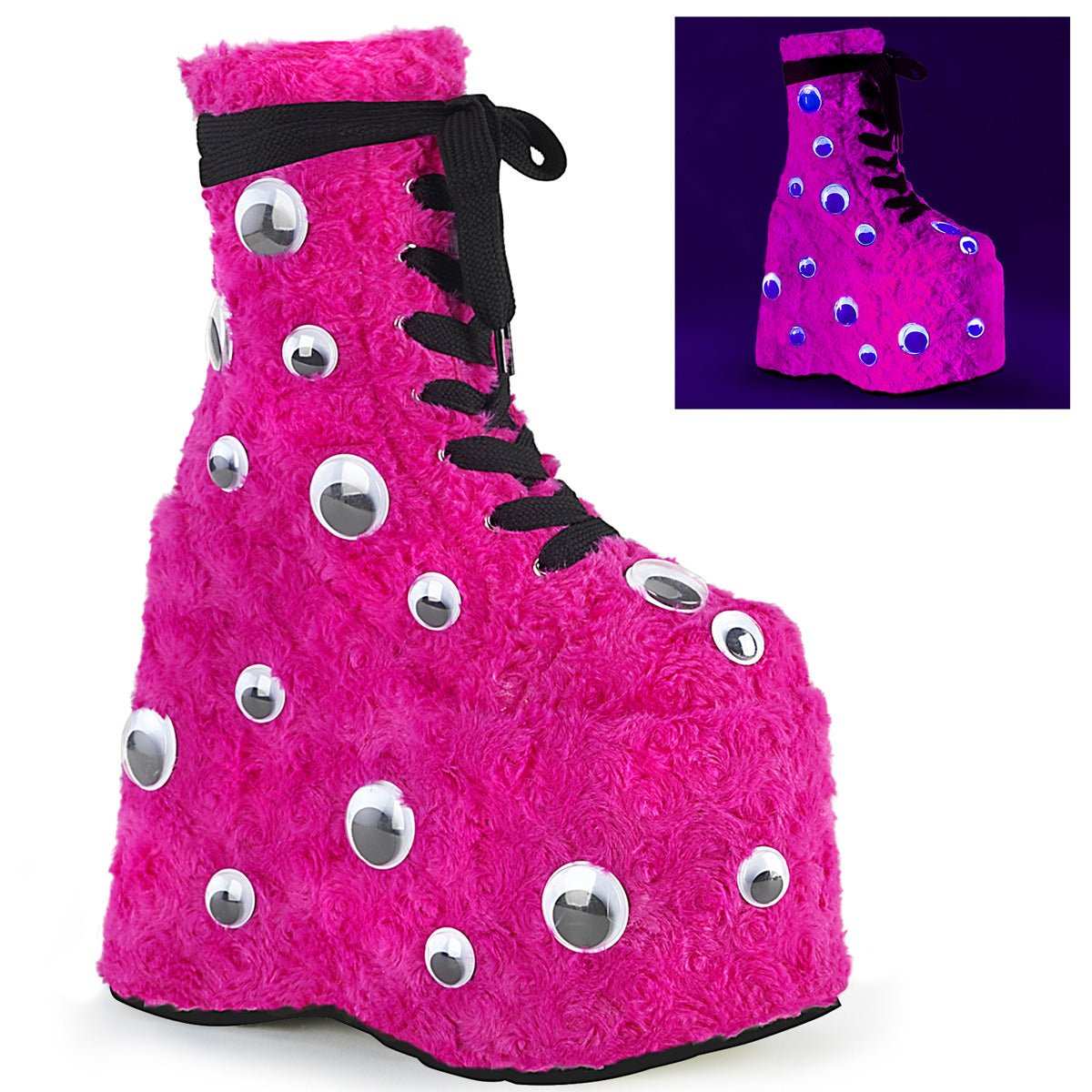 Too Fast | Demonia Slay 206 | Hot Pink Faux Fur Women&#39;s Ankle Boots