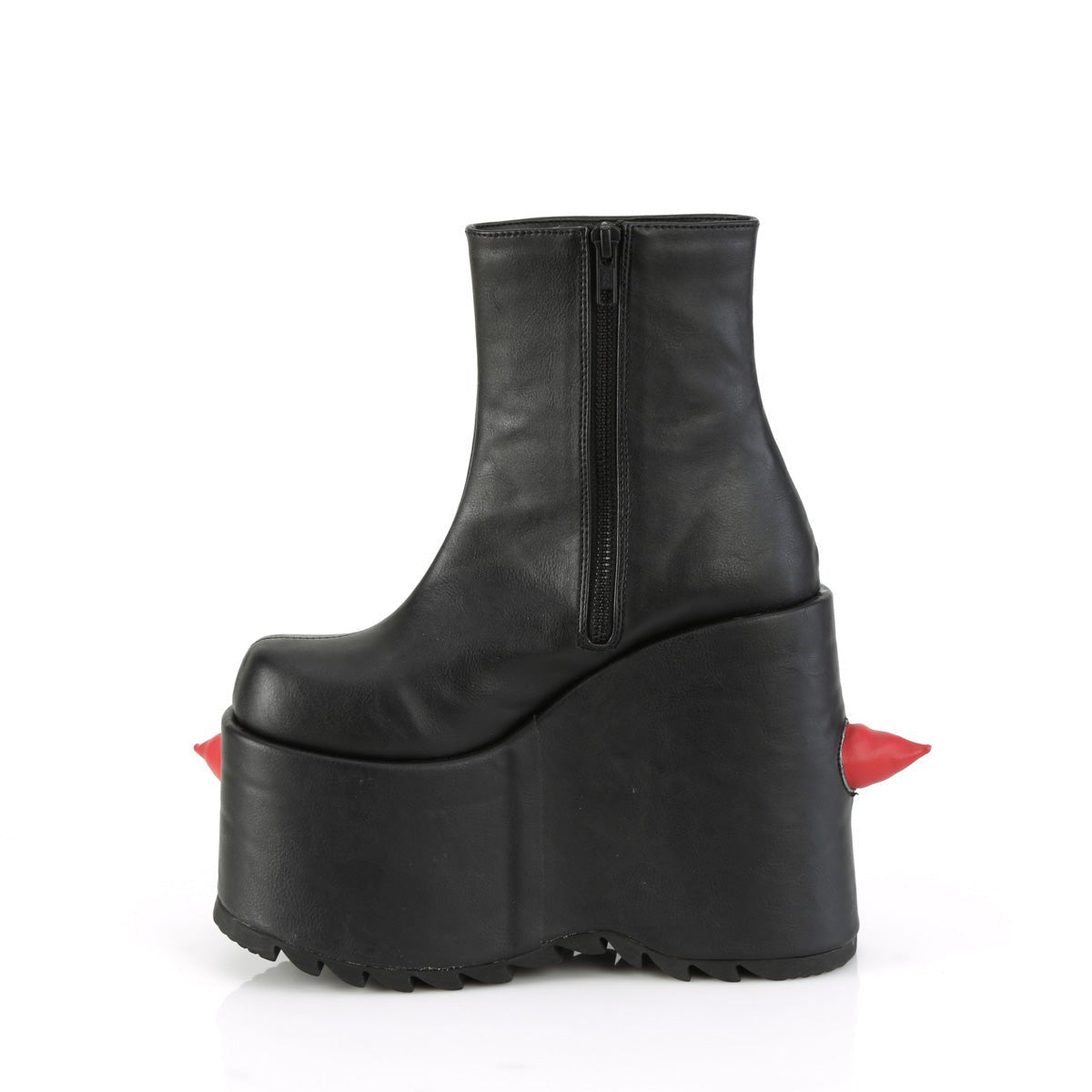 Too Fast | Demonia Slay 77 | Black &amp; Red Vegan Patent Leather Women&#39;s Ankle Boots