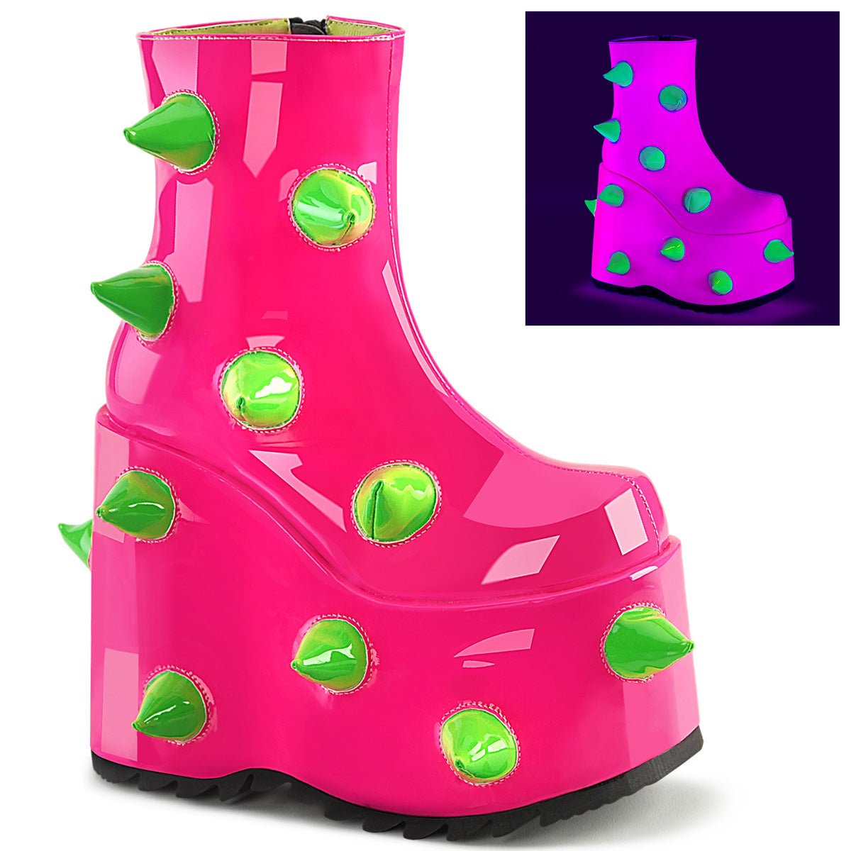 Too Fast | Demonia Slay 77 | Neon Pink &amp; Neon Green Neon Uv Women&#39;s Ankle Boots
