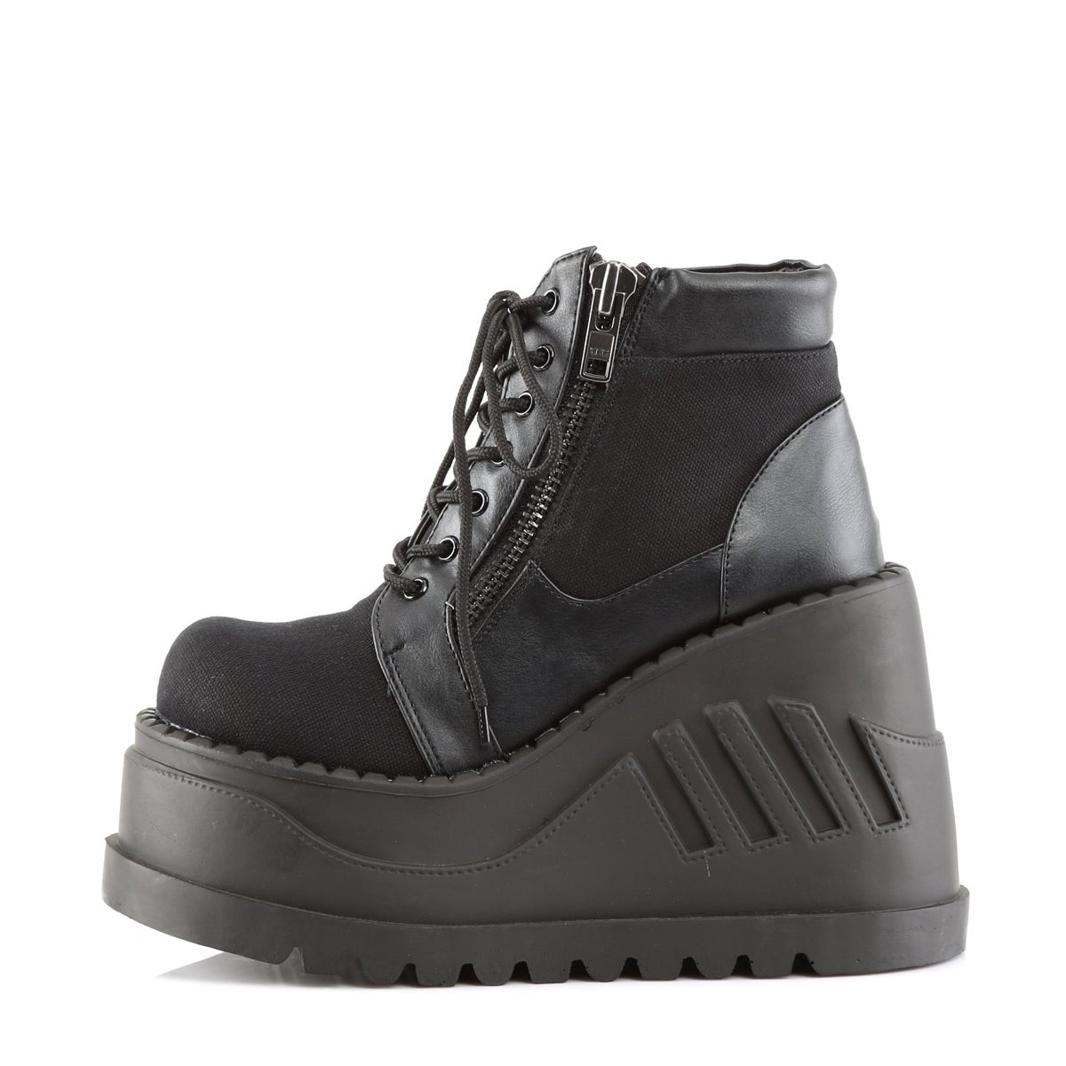 Too Fast | Demonia Stomp 10 | Black Canvas &amp; Vegan Leather Women&#39;s Ankle Boots