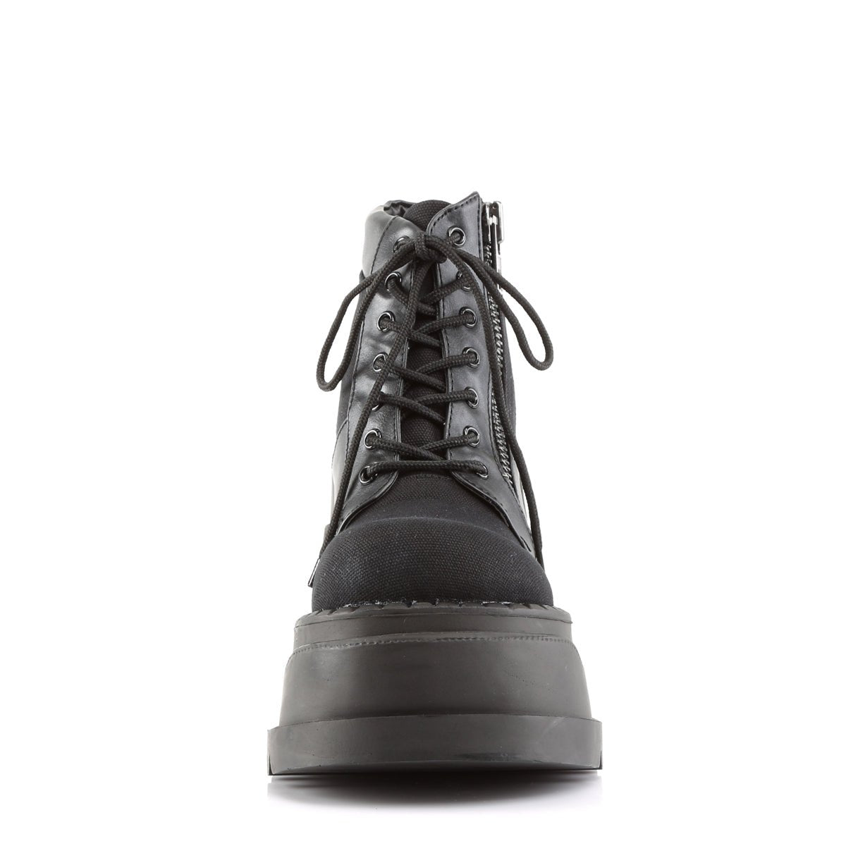 Too Fast | Demonia Stomp 10 | Black Canvas & Vegan Leather Women's Ankle Boots