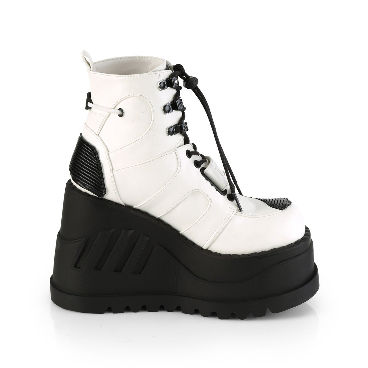 Too Fast | Demonia Stomp 13 | White Vegan Leather Women&#39;s Ankle Boots