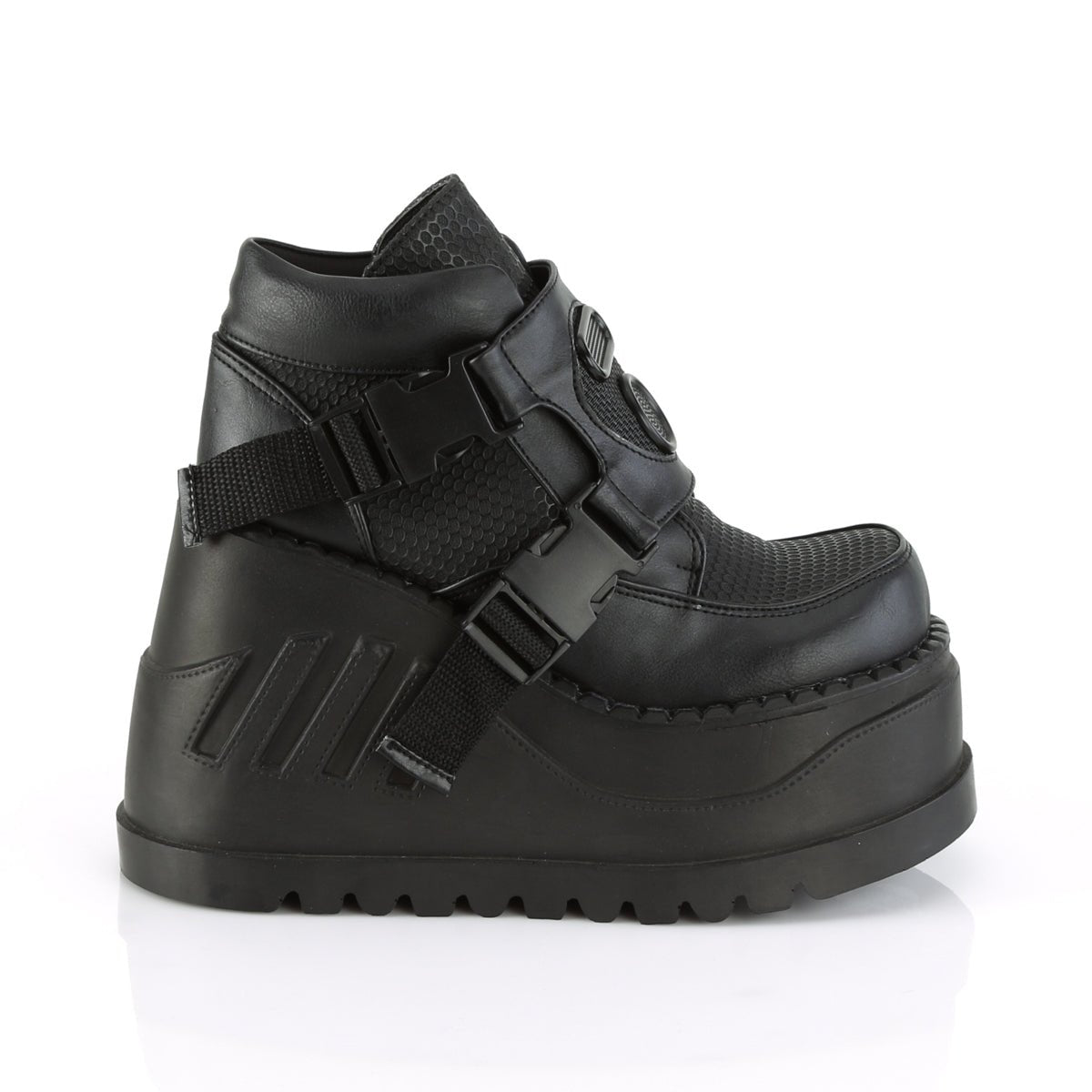 Too Fast | Demonia Stomp 15 | Black Vegan Leather Women&#39;s Ankle Boots