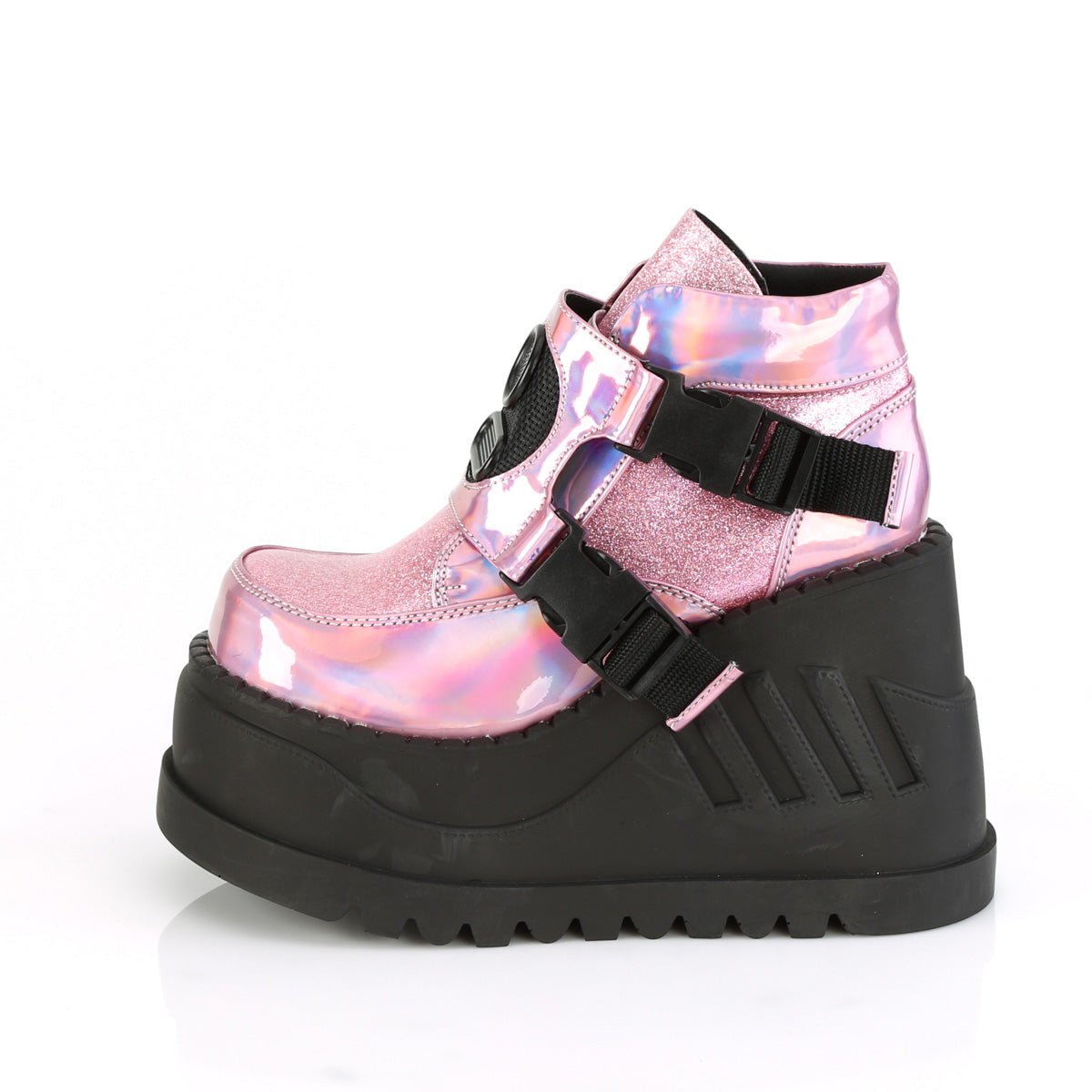 Too Fast | Demonia Stomp 15 | Pink Hologram &amp; Glitter Women&#39;s Ankle Boots