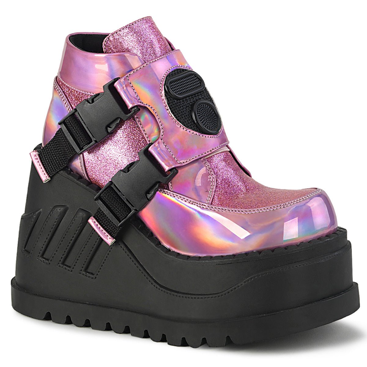 Too Fast | Demonia Stomp 15 | Pink Hologram &amp; Glitter Women&#39;s Ankle Boots