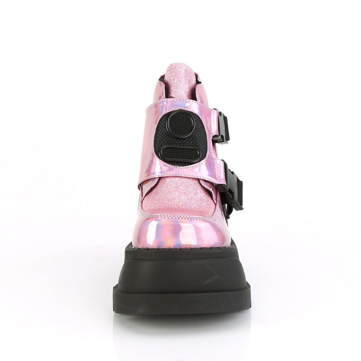 Too Fast | Demonia Stomp 15 | Pink Hologram & Glitter Women's Ankle Boots