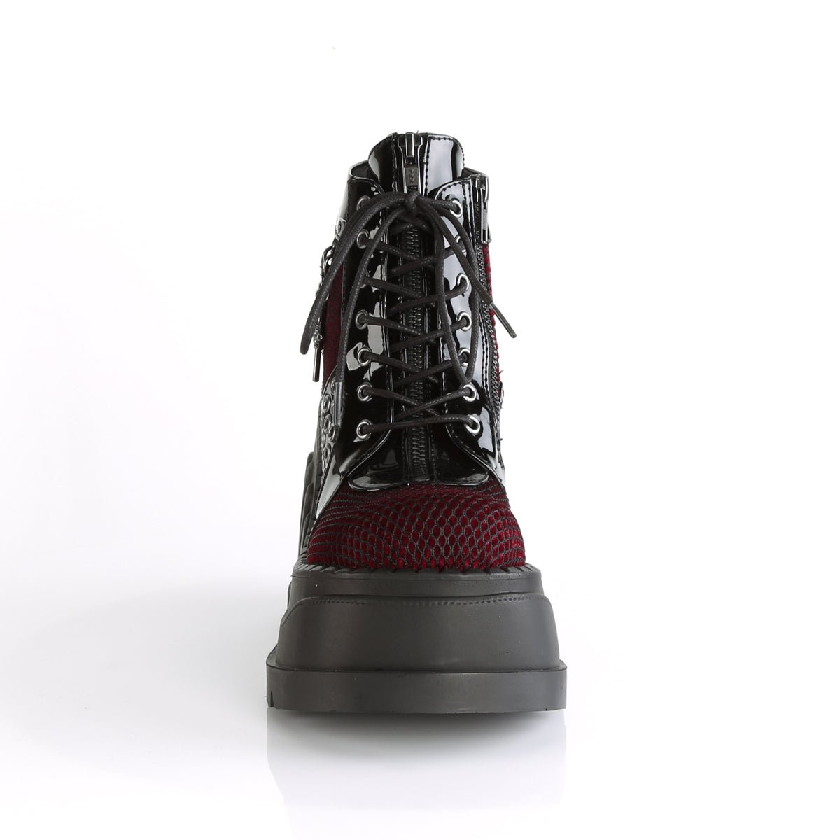 Too Fast | Demonia Stomp 18 | Black Patent Leather &amp; Velvet Women&#39;s Ankle Boots