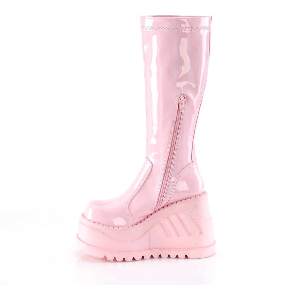 Too Fast | Demonia Stomp 200 | Baby Pink Hologram Stretch Patent Leather Women&#39;s Knee High Boots