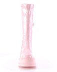 Too Fast | Demonia Stomp 200 | Baby Pink Hologram Stretch Patent Leather Women's Knee High Boots