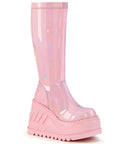 Too Fast | Demonia Stomp 200 | Baby Pink Hologram Stretch Patent Leather Women's Knee High Boots