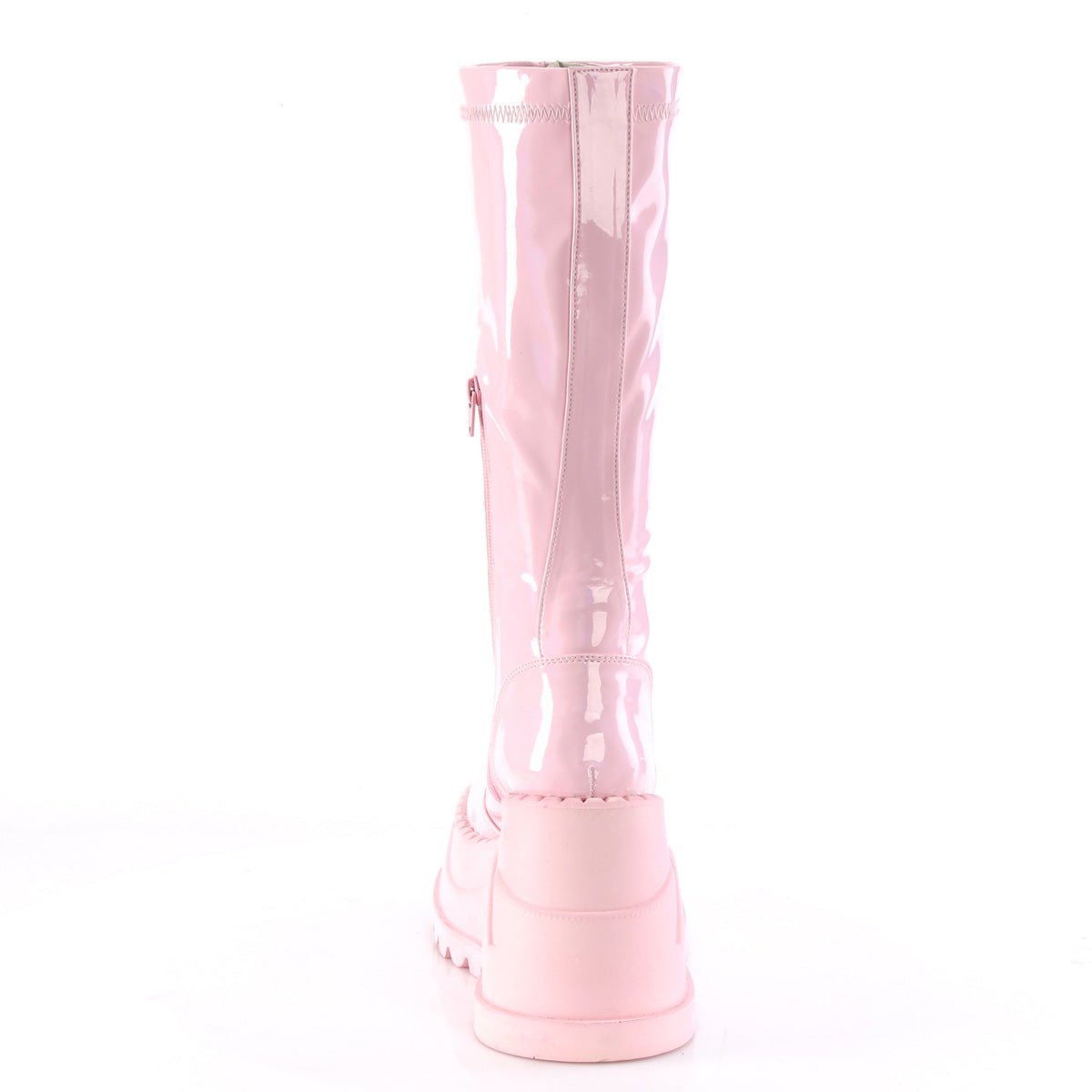 Too Fast | Demonia Stomp 200 | Baby Pink Hologram Stretch Patent Leather Women&#39;s Knee High Boots
