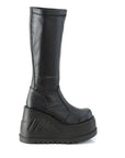 Too Fast | Demonia Stomp 200 | Black Stretch Vegan Leather Women's Knee High Boots
