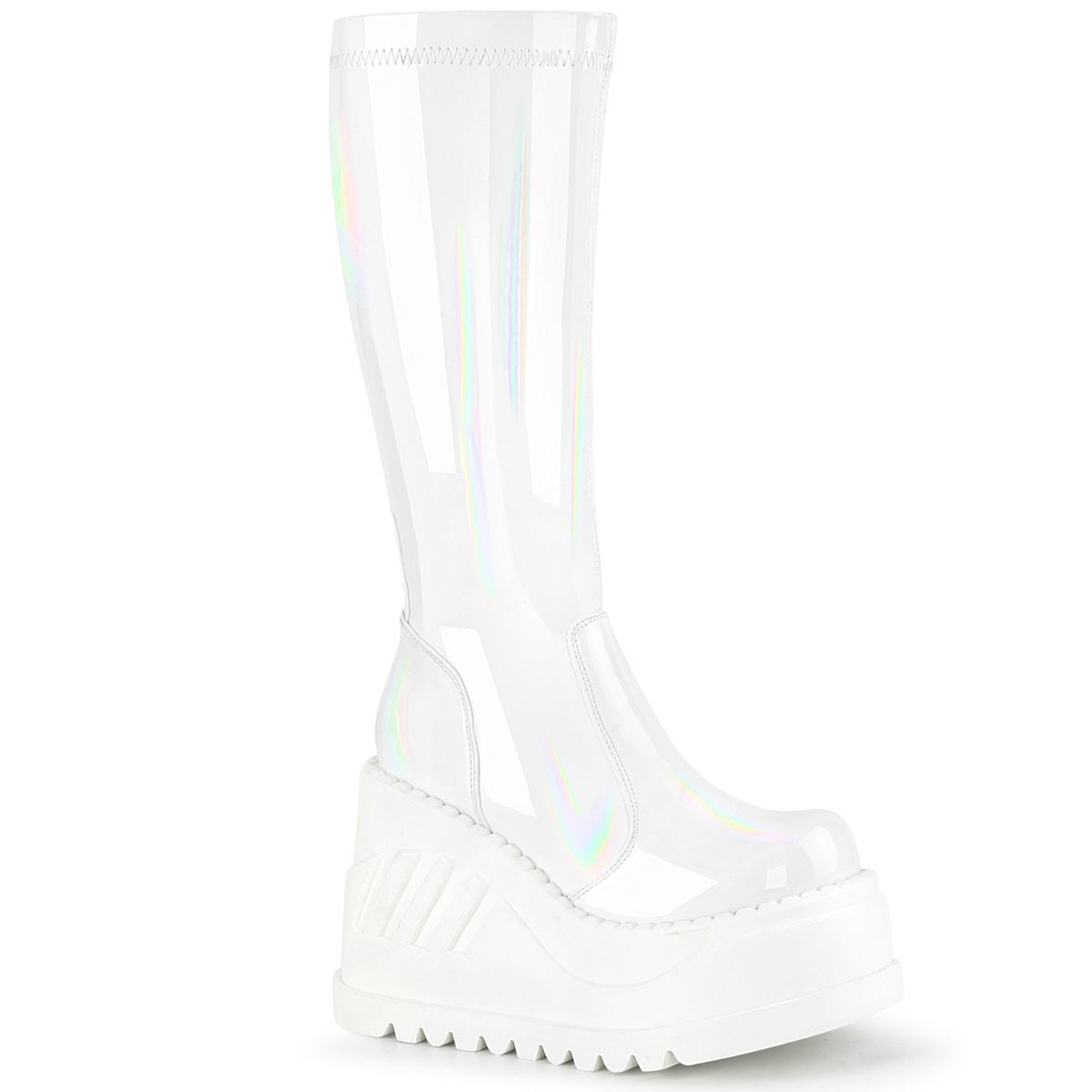 Too Fast | Demonia Stomp 200 | White Hologram Stretch Patent Leather Women&#39;s Knee High Boots