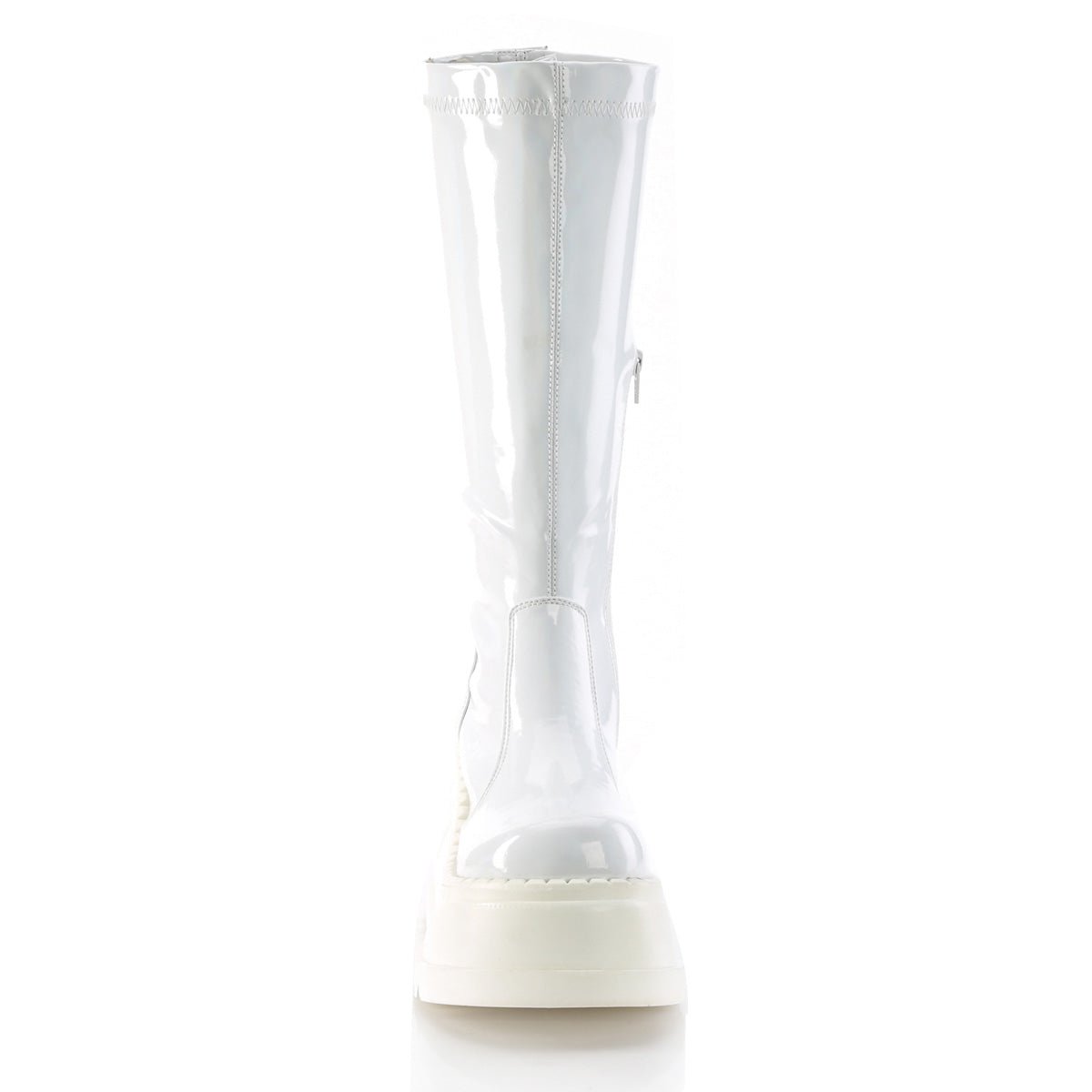 Too Fast | Demonia Stomp 200 | White Hologram Stretch Patent Leather Women&#39;s Knee High Boots