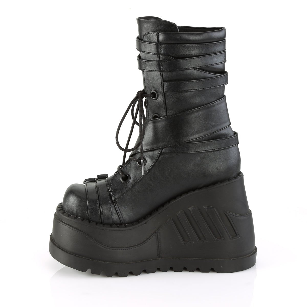 Too Fast | Demonia Stomp 26 | Black Vegan Leather Women&#39;s Mid Calf Boots