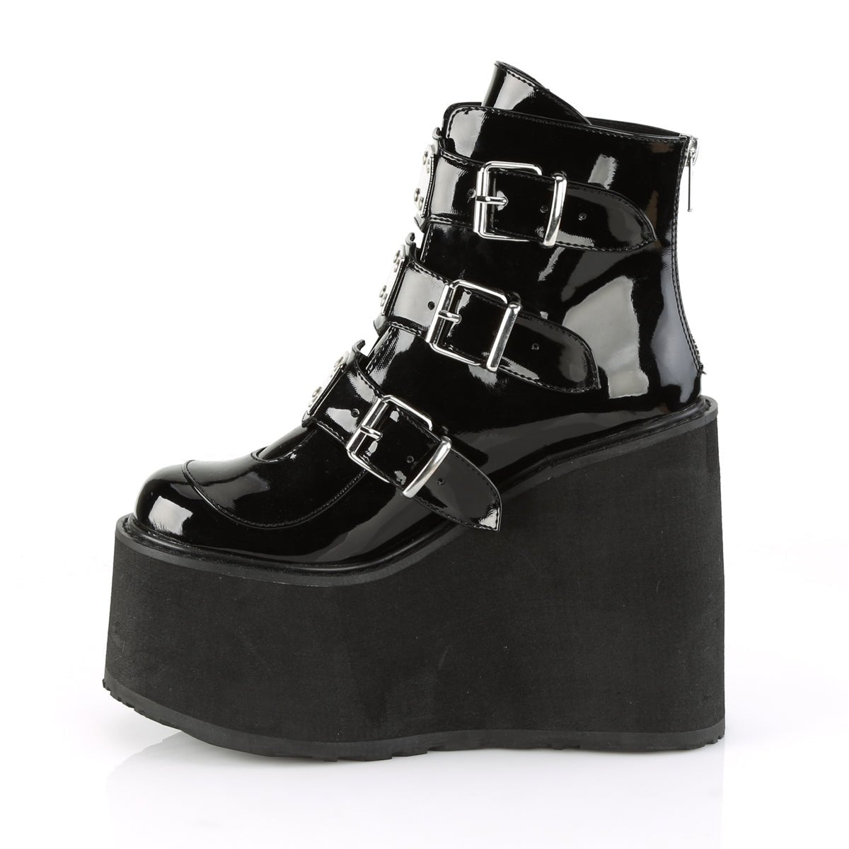 Too Fast | Demonia Swing 105 | Black Patent Leather Women&#39;s Ankle Boots