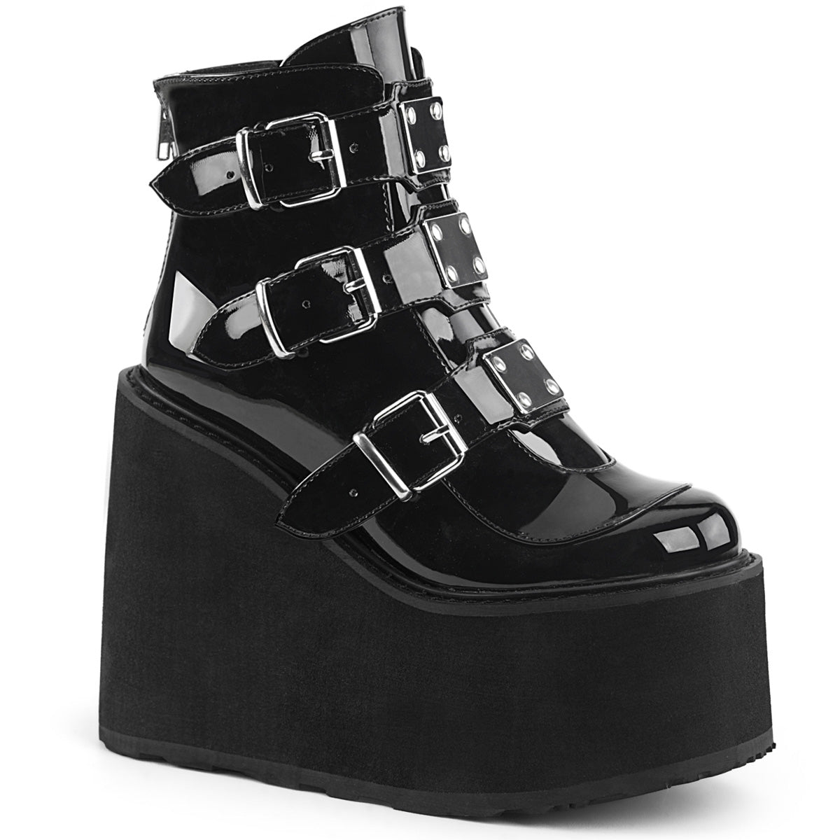 Too Fast | Demonia Swing 105 | Black Patent Leather Women&#39;s Ankle Boots