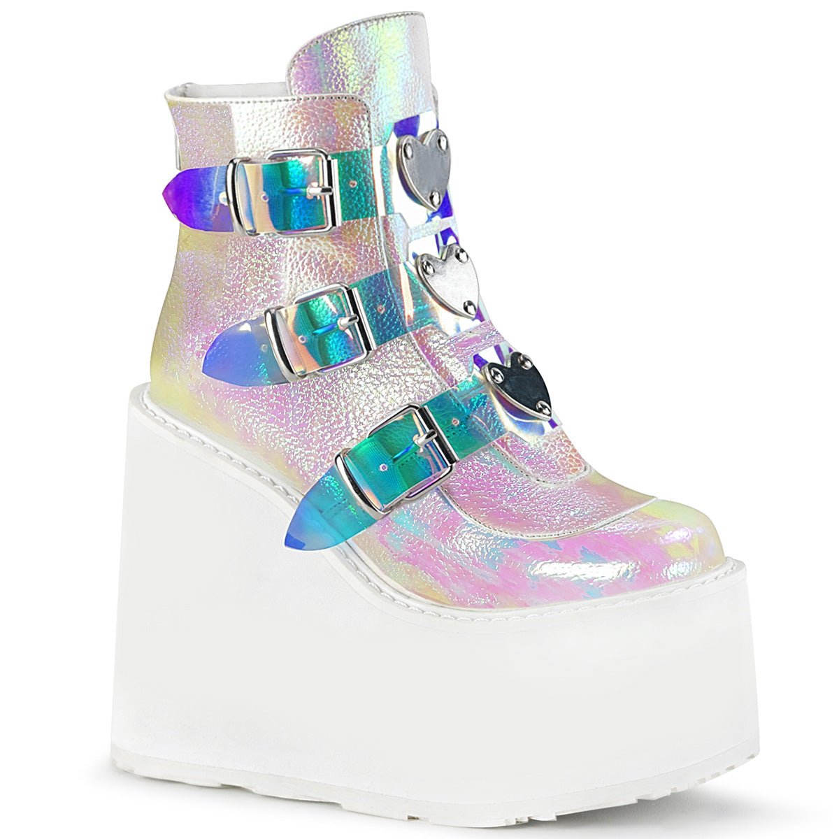 Too Fast | Demonia Swing 105 | Pearl Iridescent Vegan Leather Women&#39;s Ankle Boots
