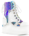 Too Fast | Demonia Swing 115 | White Vegan Leather,Patent Leather, & Magic Mirror Tpu (Thermoplastic Polyurethane) Women's Ankle Boots