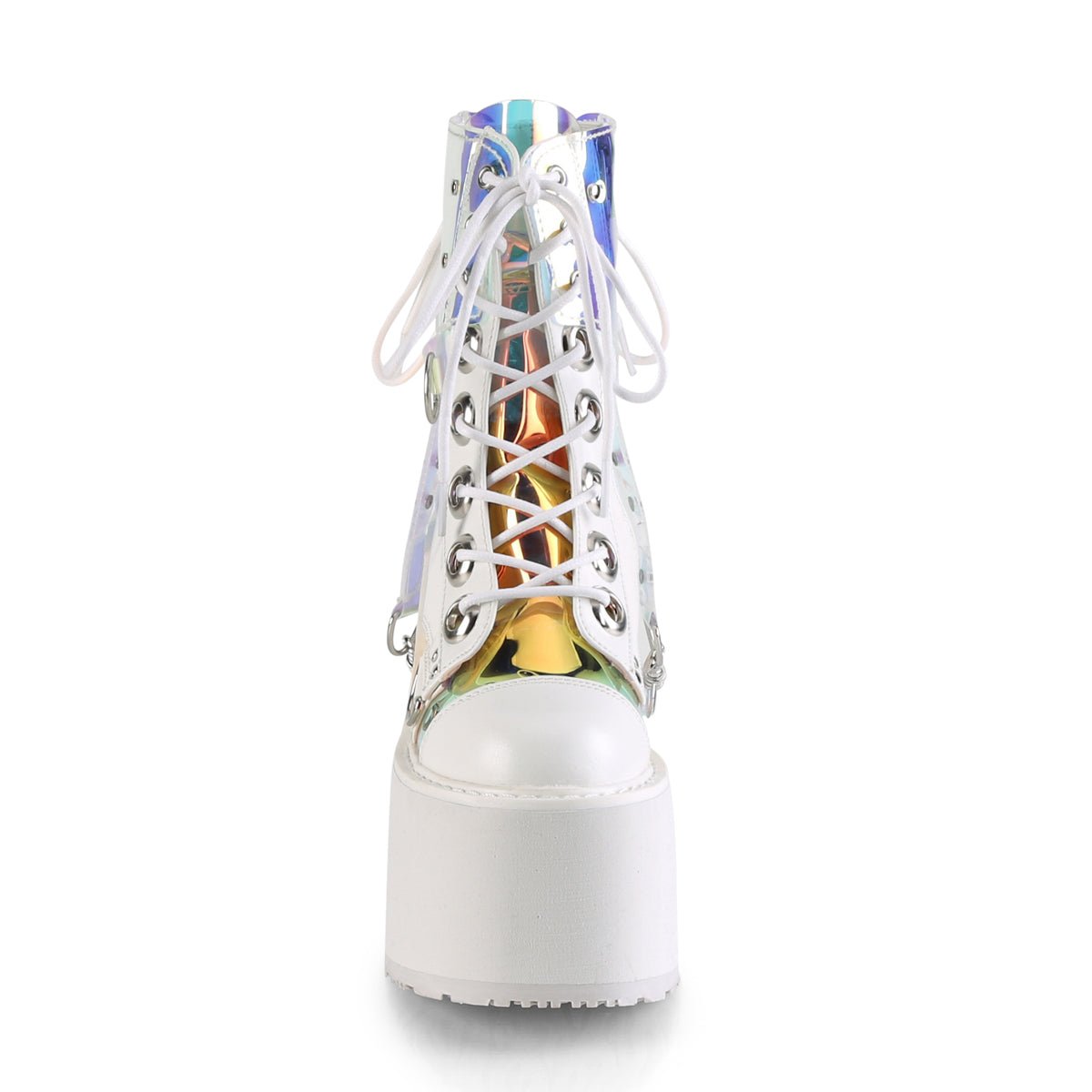 Too Fast | Demonia Swing 115 | White Vegan Leather,Patent Leather, &amp; Magic Mirror Tpu (Thermoplastic Polyurethane) Women&#39;s Ankle Boots