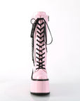 Too Fast | Demonia Swing 150 | Baby Pink Holographic Stretch Patent Women's Knee High Boots