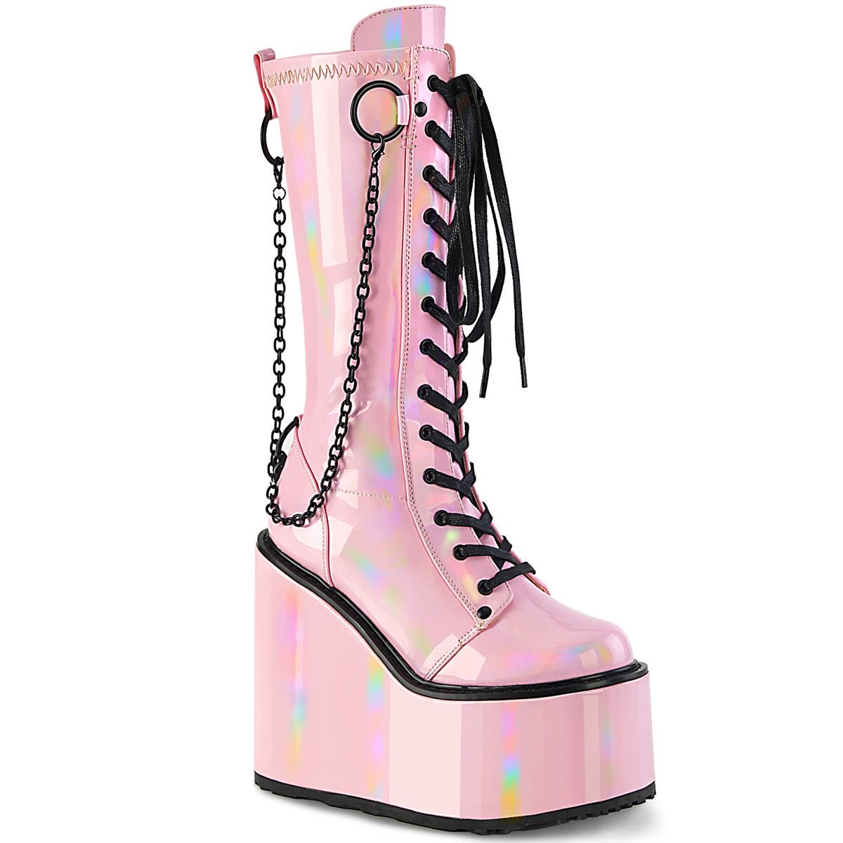 Too Fast | Demonia Swing 150 | Baby Pink Holographic Stretch Patent Women&#39;s Knee High Boots