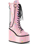 Too Fast | Demonia Swing 150 | Baby Pink Holographic Stretch Patent Women's Knee High Boots