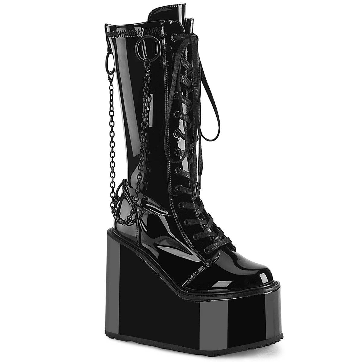 Too Fast | Demonia Swing 150 | Black Stretch Patent Leather Women&#39;s Knee High Boots