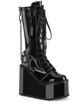 Too Fast | Demonia Swing 150 | Black Stretch Patent Leather Women's Knee High Boots