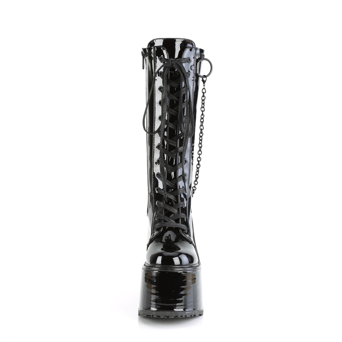 Too Fast | Demonia Swing 150 | Black Stretch Patent Leather Women&#39;s Knee High Boots