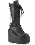 Too Fast | Demonia Swing 150 | Black Stretch Vegan Leather Women's Knee High Boots