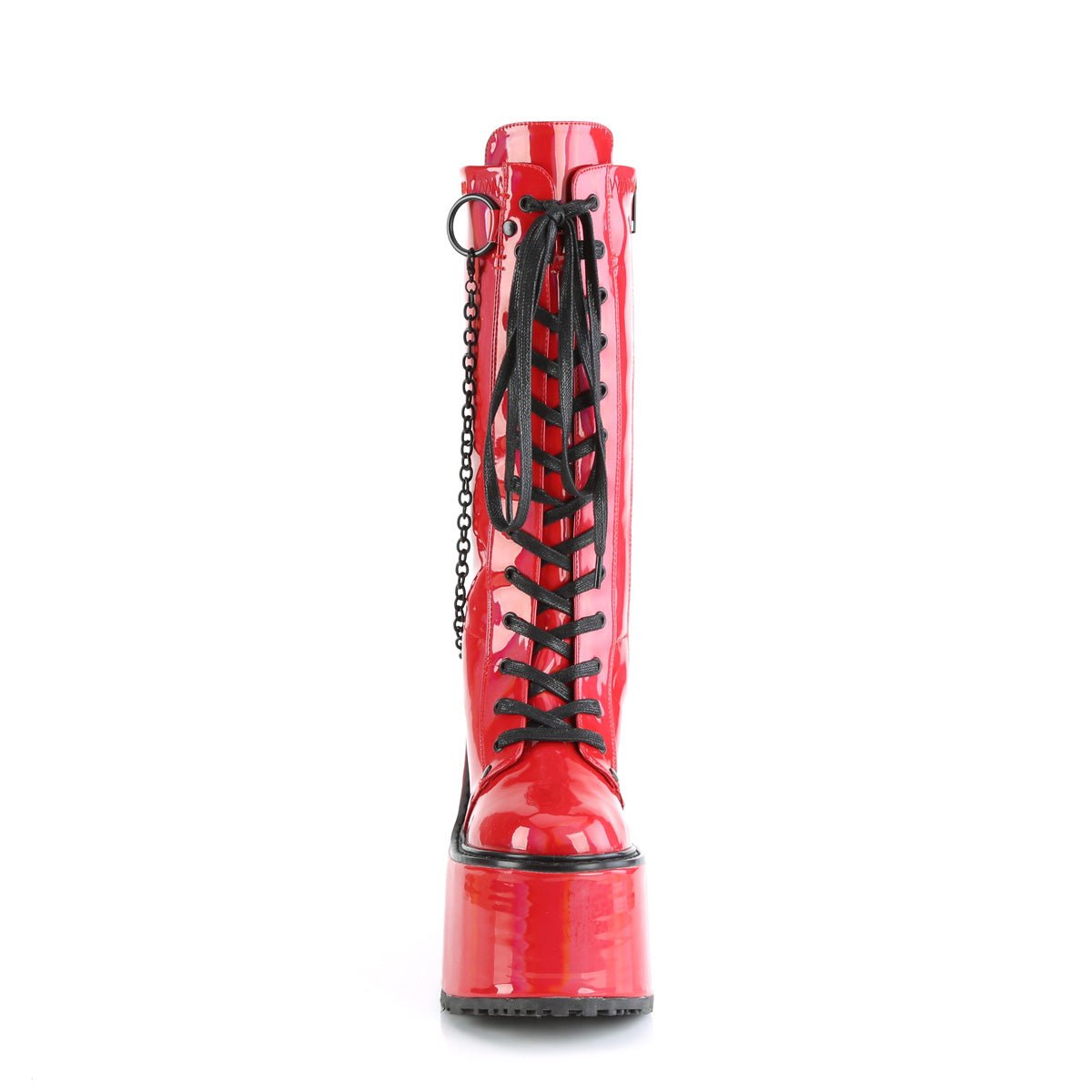 Too Fast | Demonia Swing 150 | Red Holographic Stretch Patent Leather Women's Knee High Boots