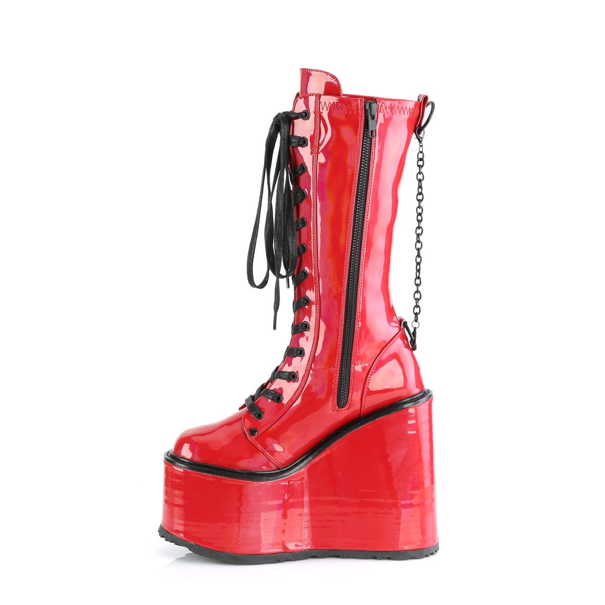 Too Fast | Demonia Swing 150 | Red Holographic Stretch Patent Leather Women's Knee High Boots