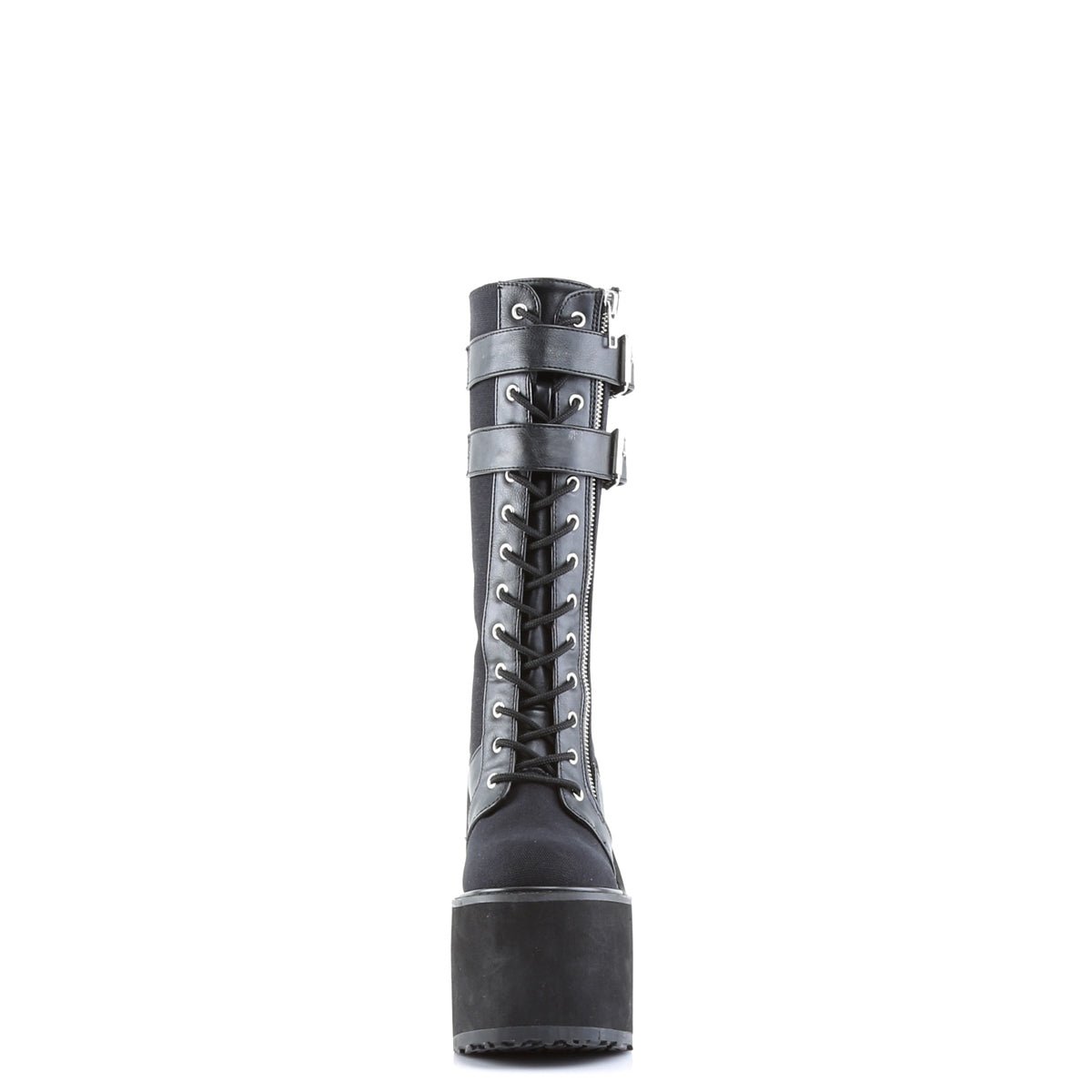 Too Fast | Demonia Swing 221 | Black Canvas & Vegan Leather Women's Knee High Boots