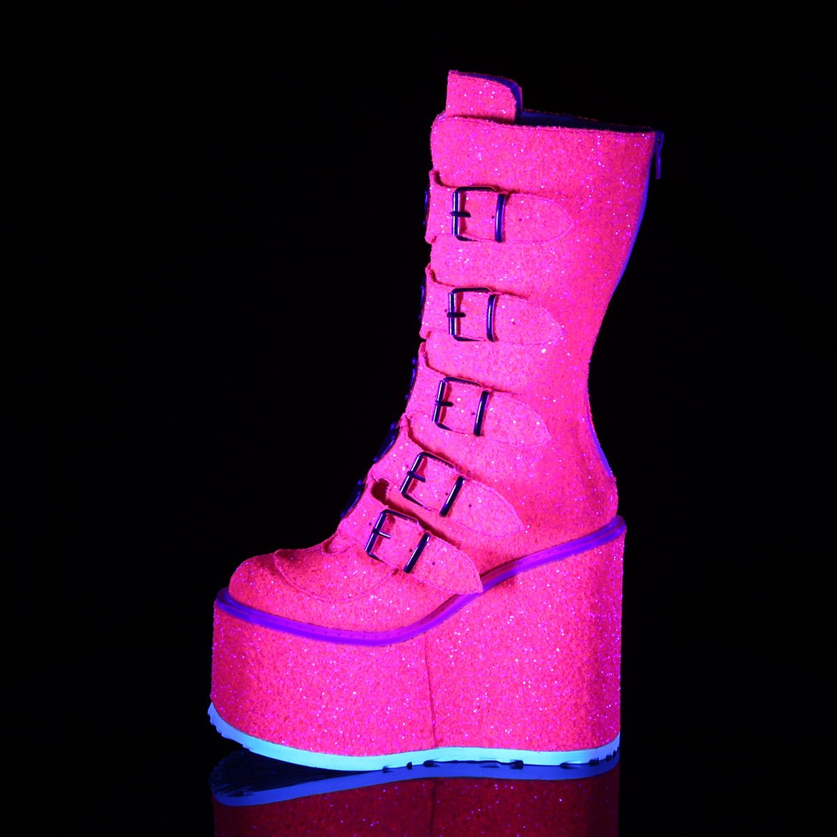 Too Fast | Demonia Swing 230 G | Pink Glitter Women&#39;s Mid Calf Boots