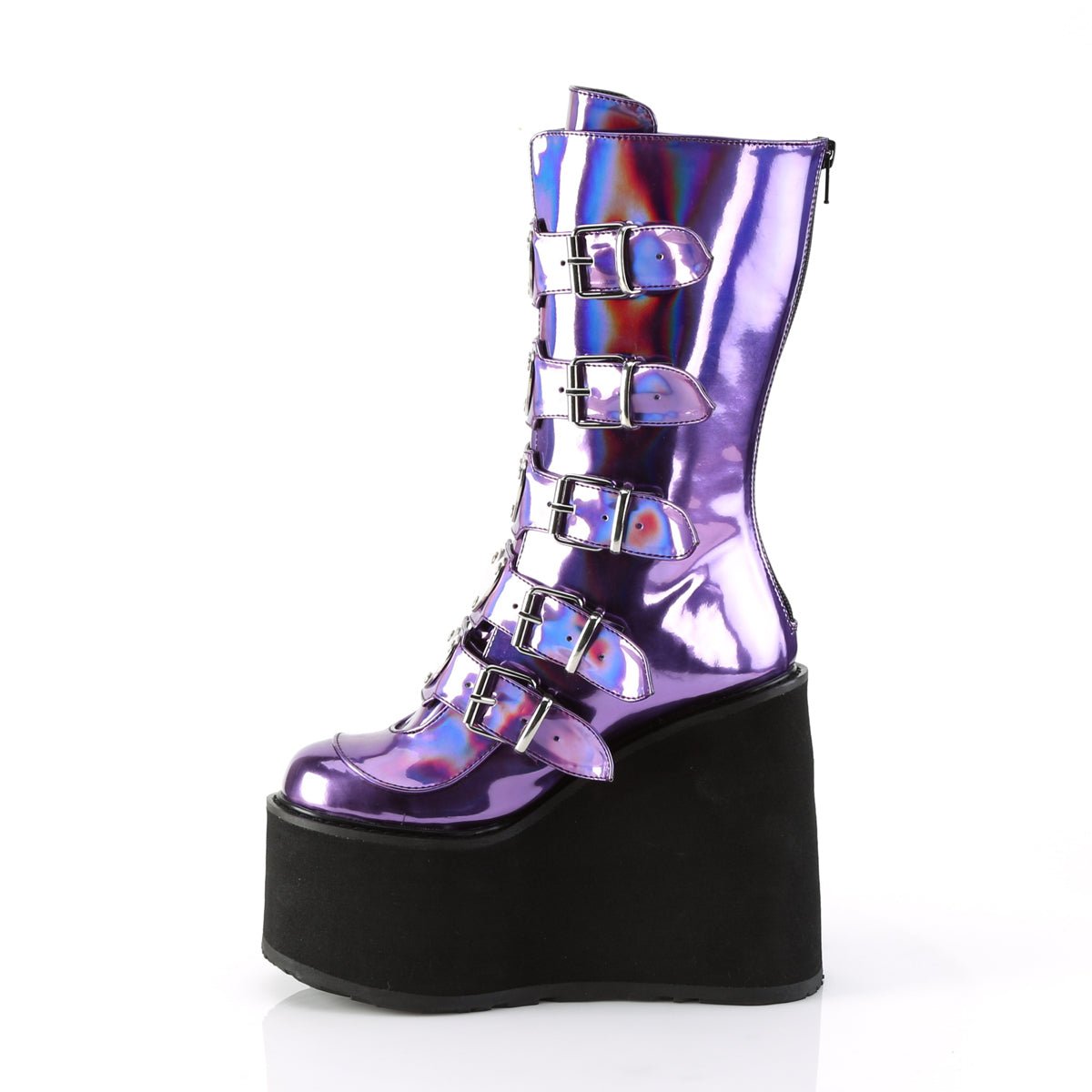 Too Fast | Demonia Swing 230 | Purple Holographic Women&#39;s Mid Calf Boots