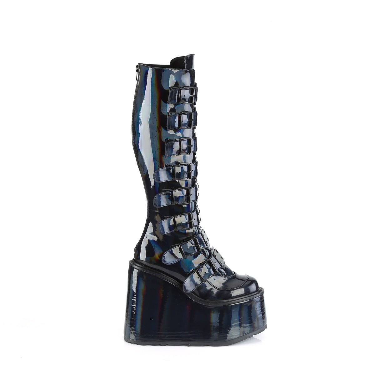 Too Fast | Demonia Swing 815 | Black Holographic Patent Leather Women&#39;s Knee High Boots