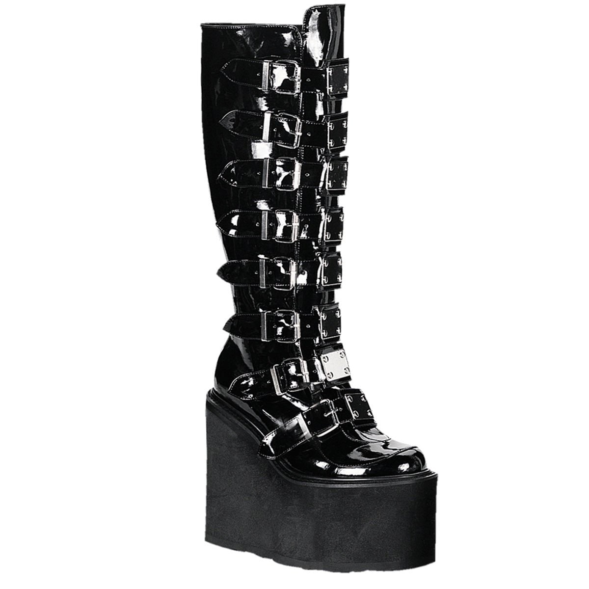 Too Fast | Demonia Swing 815 | Black Patent Leather Women&#39;s Knee High Boots