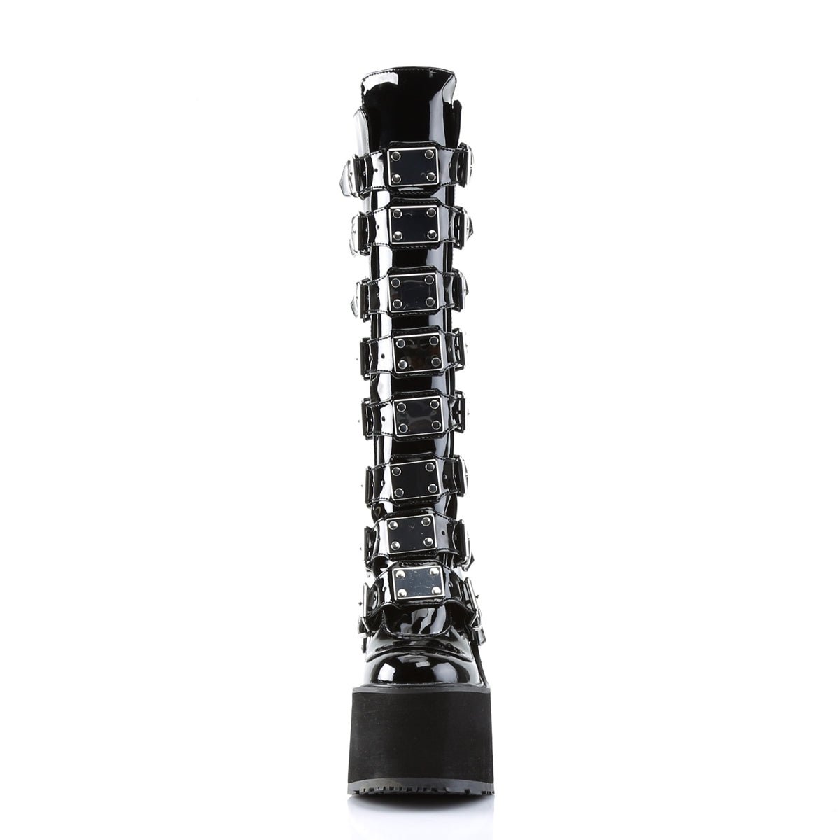 Too Fast | Demonia Swing 815 | Black Patent Leather Women&#39;s Knee High Boots