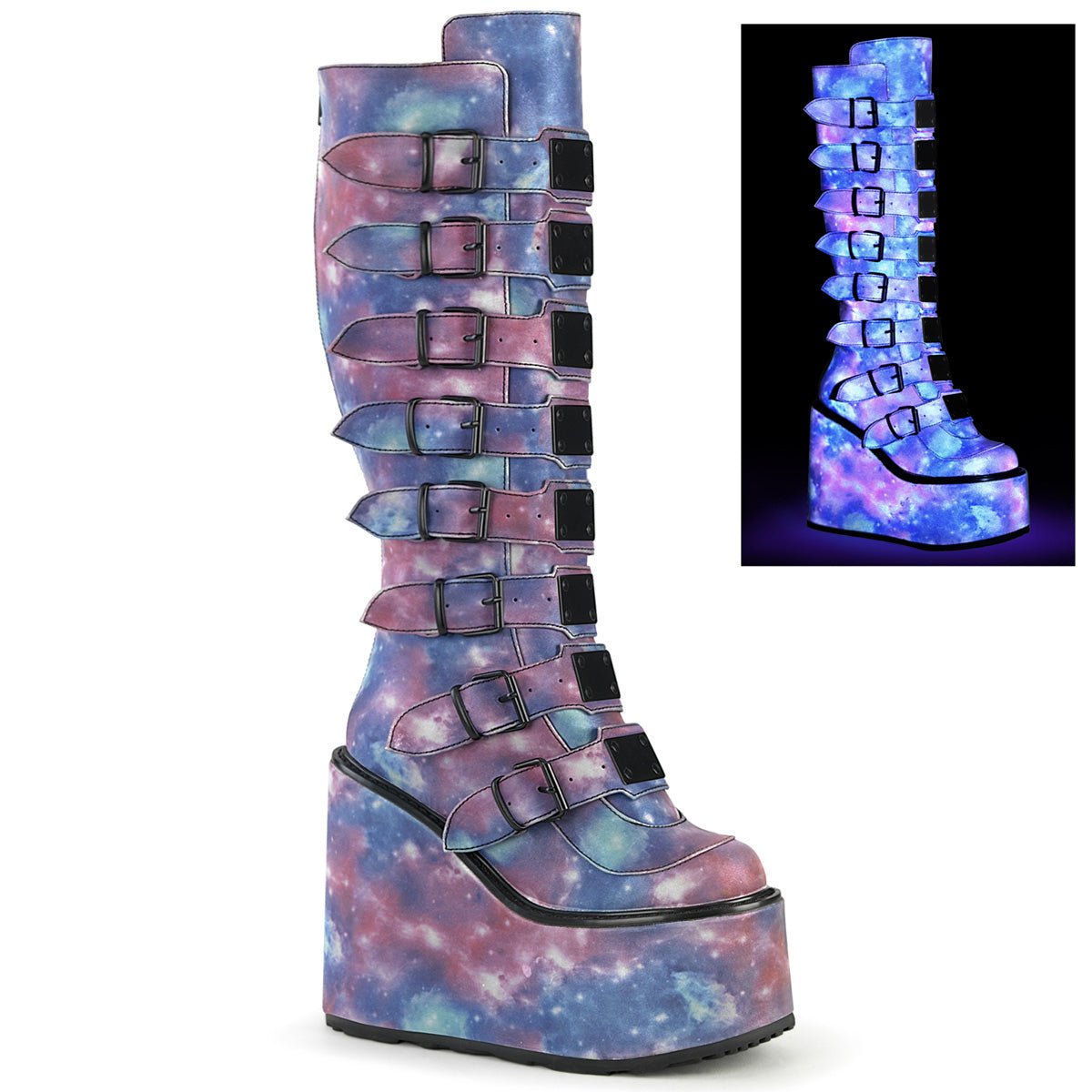 Too Fast | Demonia Swing 815 | Purple & Blue Reflective Vegan Leather Women's Knee High Boots