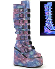 Too Fast | Demonia Swing 815 | Purple & Blue Reflective Vegan Leather Women's Knee High Boots