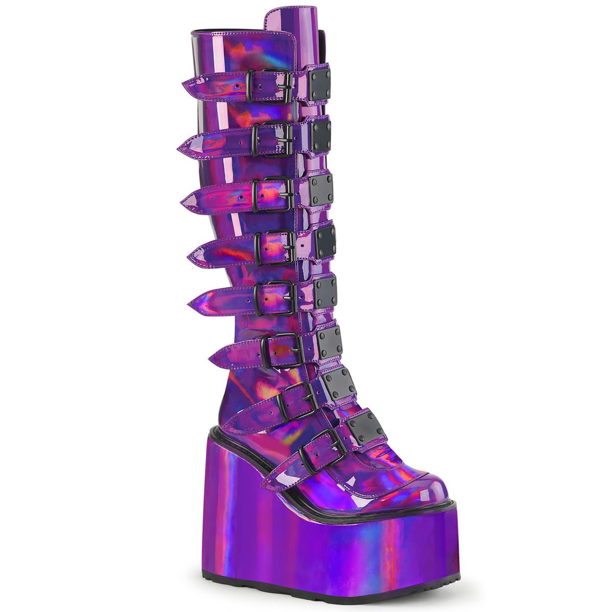 Too Fast | Demonia Swing 815 | Purple Holographic Patent Women&#39;s Knee High Boots
