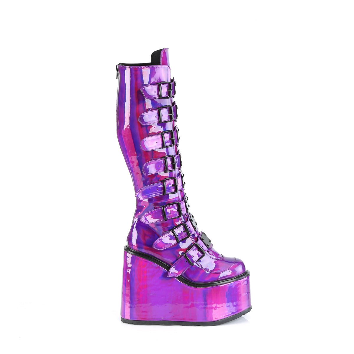 Too Fast | Demonia Swing 815 | Purple Holographic Patent Women&#39;s Knee High Boots