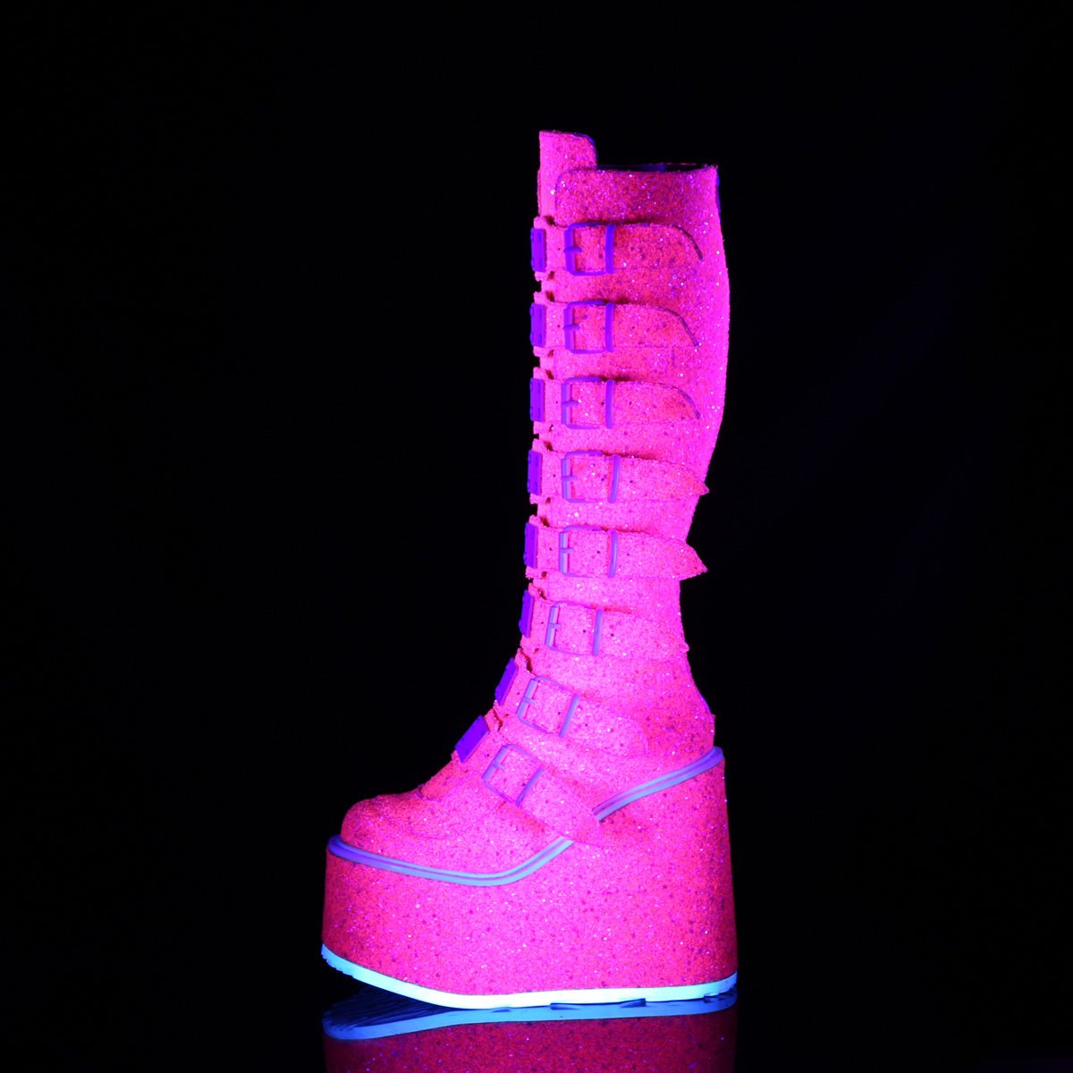 Too Fast | Demonia Swing 815 Uv | Pink Glitter Women&#39;s Knee High Boots
