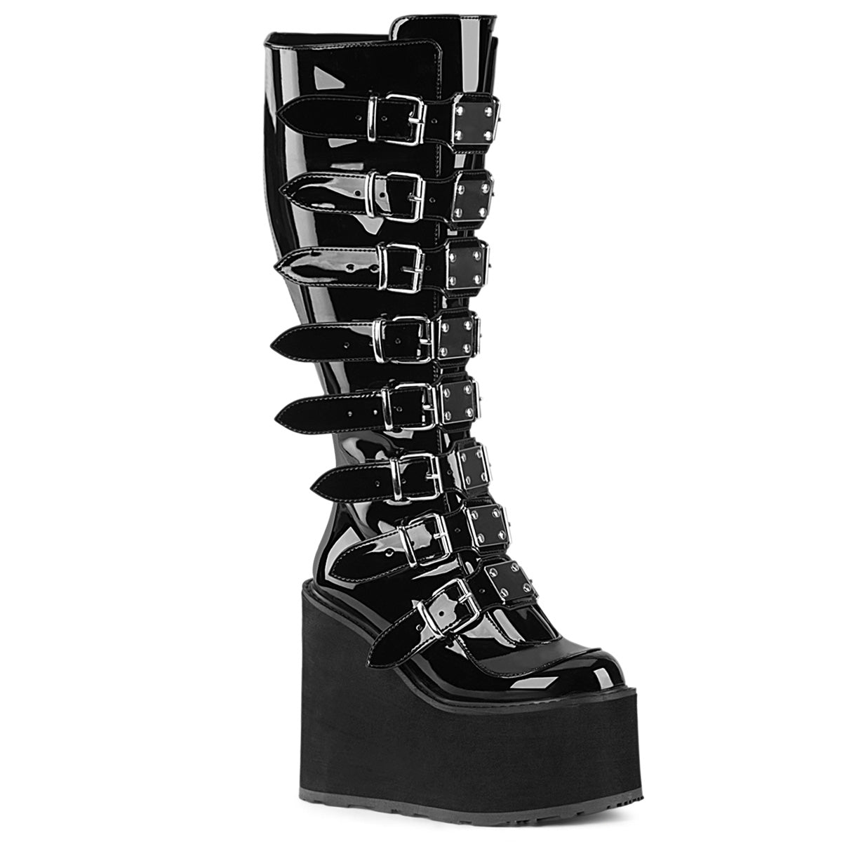 Too Fast | Demonia Swing 815 Wc | Black Patent Leather Women&#39;s Knee High Boots
